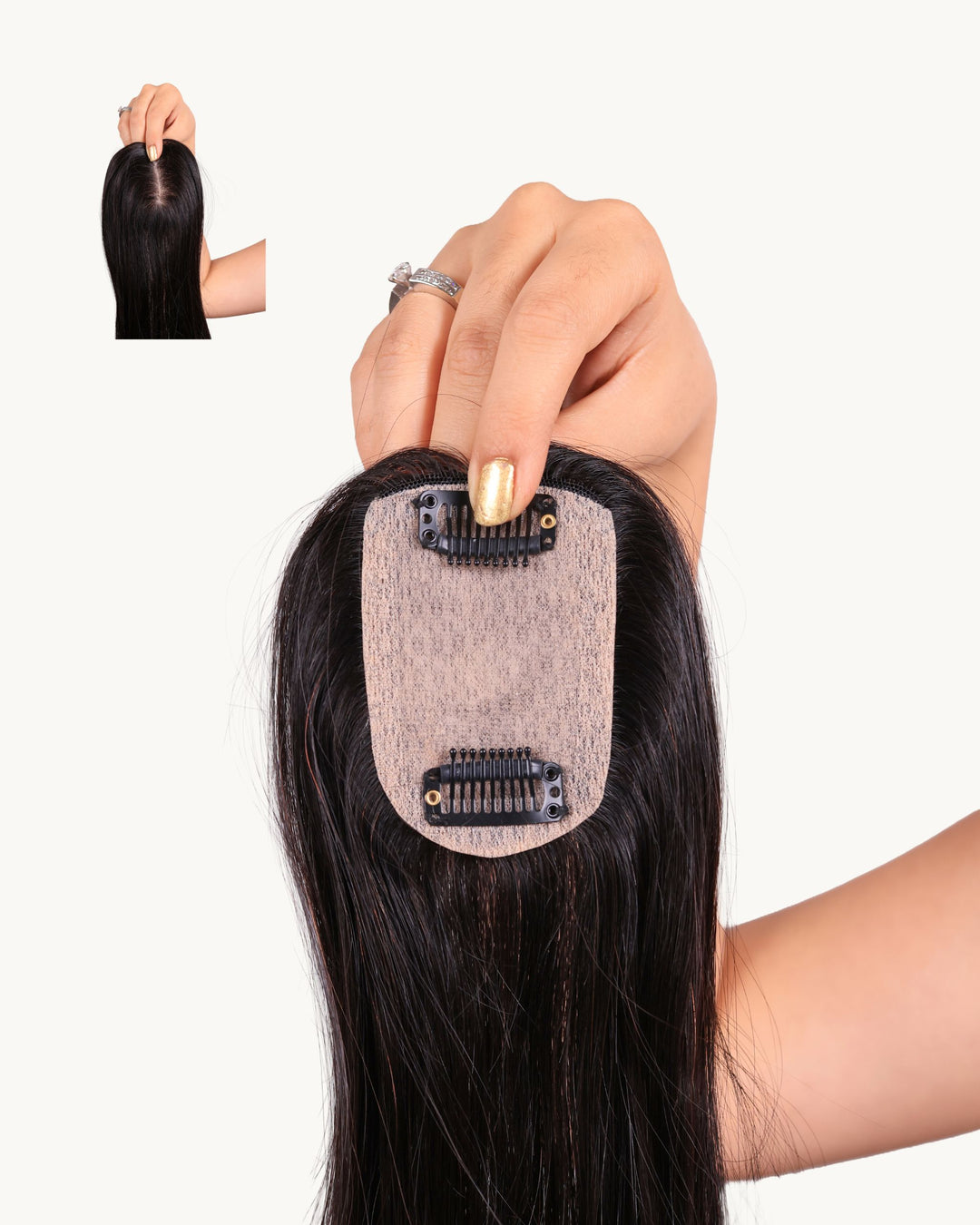 Hair extension with a close-up inset showing the hair topper clips detail.